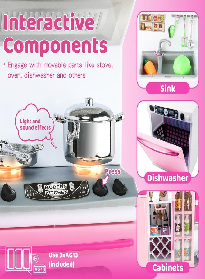 SOCBTNSO 64 PCS Pink Kitchen Toys with Lights Sounds|Mini Kitchen House Furniture Sets for Kids Ages 4-8|Doll Playset Toys for Toddlers 3-5|Birthday Gifts for 3 4 5 6 7 8 Old Girls - Image 4